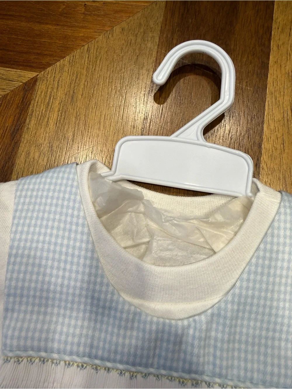 House of Hatten Vintage Blue Gingham Matching Set with Embroidered Lambs 0-3 mos